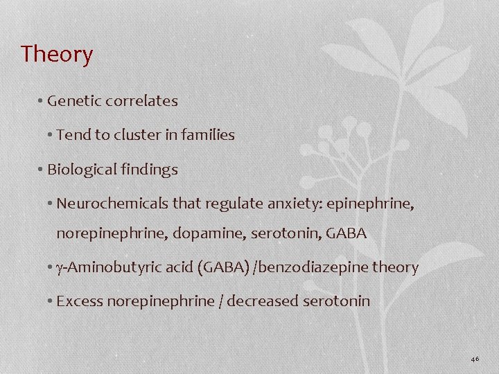 Theory • Genetic correlates • Tend to cluster in families • Biological findings •