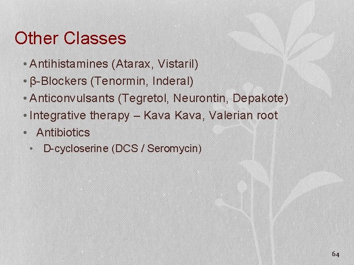 Other Classes • Antihistamines (Atarax, Vistaril) • β-Blockers (Tenormin, Inderal) • Anticonvulsants (Tegretol, Neurontin,