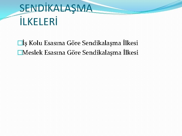 SENDİKALAŞMA İLKELERİ �İş Kolu Esasına Göre Sendikalaşma İlkesi �Meslek Esasına Göre Sendikalaşma İlkesi 