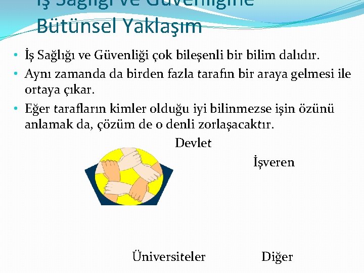 İş Sağlığı ve Güvenliğine Bütünsel Yaklaşım • İş Sağlığı ve Güvenliği çok bileşenli bir