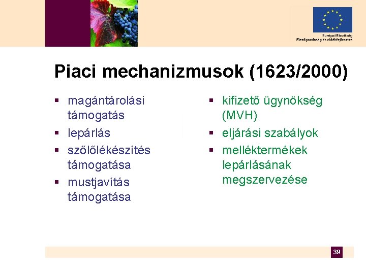 Piaci mechanizmusok (1623/2000) § magántárolási támogatás § lepárlás § szőlőlékészítés támogatása § mustjavítás támogatása