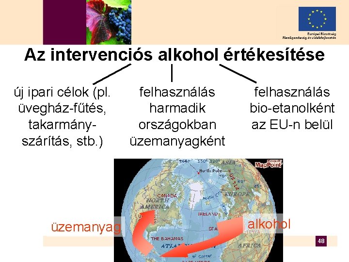 Az intervenciós alkohol értékesítése új ipari célok (pl. üvegház-fűtés, takarmányszárítás, stb. ) üzemanyag felhasználás