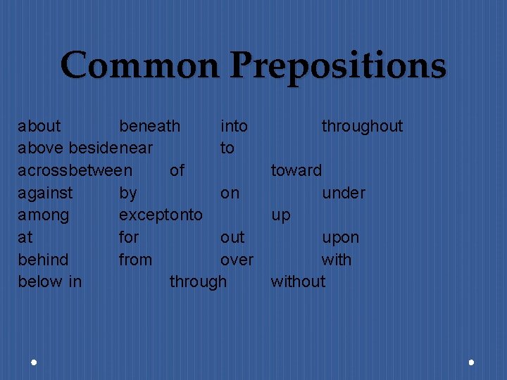 Common Prepositions about beneath into above besidenear to acrossbetween of against by on among