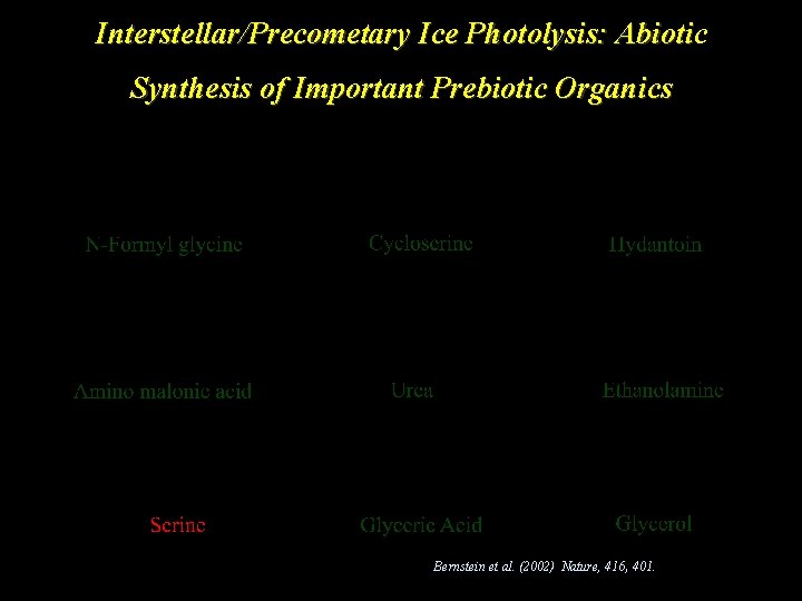 Interstellar/Precometary Ice Photolysis: Abiotic Abioti Synthesis of Important Prebiotic Organics Bernstein et al. (2002)