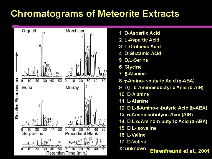 Chromatograms of Meteorite Extracts 1 D-Aspartic Acid 2 L-Aspartic Acid 3 L-Glutamic Acid 4