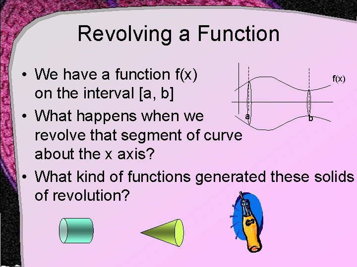 Revolving a Function • We have a function f(x) on the interval [a, b]