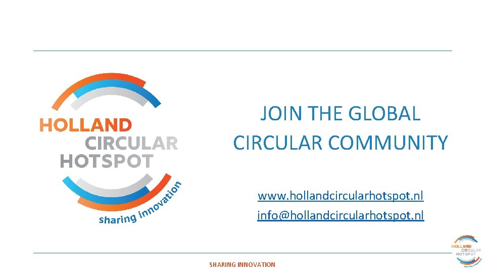 JOIN THE GLOBAL CIRCULAR COMMUNITY www. hollandcircularhotspot. nl info@hollandcircularhotspot. nl SHARING INNOVATION 