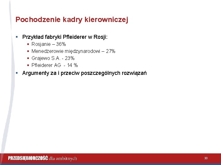 Pochodzenie kadry kierowniczej § Przykład fabryki Pfleiderer w Rosji: § § Rosjanie – 36%