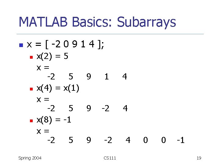 MATLAB Basics: Subarrays n x = [ -2 0 9 1 4 ]; n