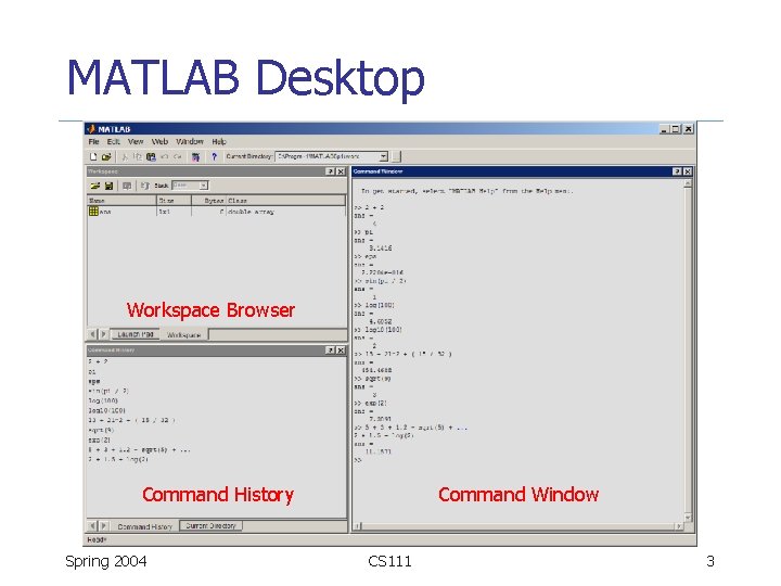 MATLAB Desktop Workspace Browser Command History Spring 2004 Command Window CS 111 3 