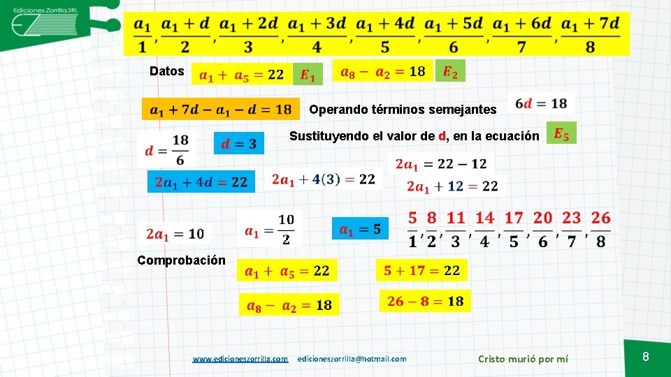  Datos Operando términos semejantes Sustituyendo el valor de d, en la ecuación Comprobación