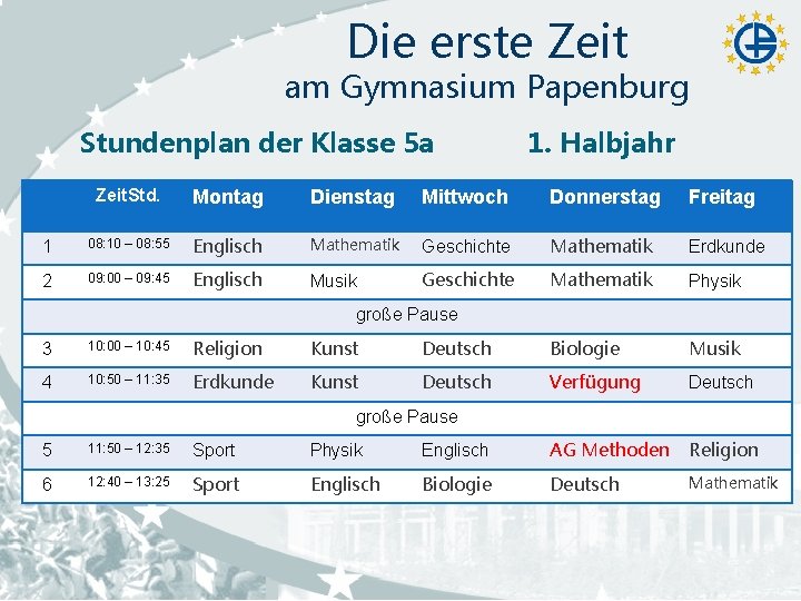 Die erste Zeit am Gymnasium Papenburg Stundenplan der Klasse 5 a 1. Halbjahr Zeit.