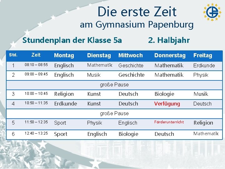 Die erste Zeit am Gymnasium Papenburg Stundenplan der Klasse 5 a 2. Halbjahr Std. Die erste Zeit am Gymnasium Papenburg Stundenplan der Klasse 5 a 2. Halbjahr Std.