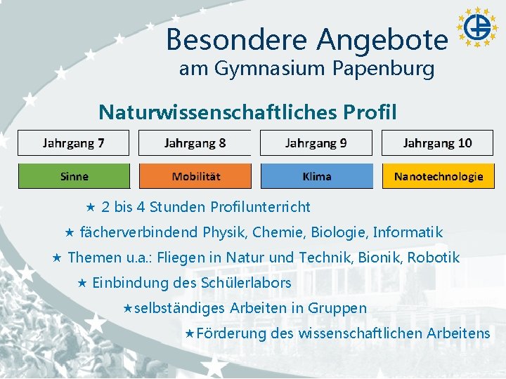 Besondere Angebote am Gymnasium Papenburg Naturwissenschaftliches Profil 2 bis 4 Stunden Profilunterricht fächerverbindend Physik,