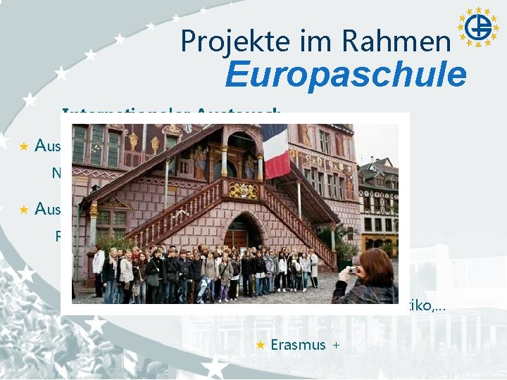 Projekte im Rahmen Europaschule Internationaler Austauschpartnerschulen: Niederlande, Polen, Frankreich (Spanien i. V. ) Austauschprogramme: