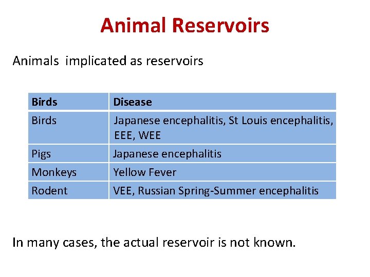 Animal Reservoirs Animals implicated as reservoirs Birds Disease Japanese encephalitis, St Louis encephalitis, EEE,