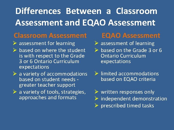 Differences Between a Classroom Assessment and EQAO Assessment Classroom Assessment Ø assessment for learning