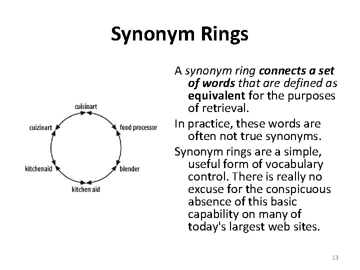 Synonym Rings A synonym ring connects a set of words that are defined as