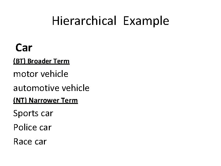 Hierarchical Example Car (BT) Broader Term motor vehicle automotive vehicle (NT) Narrower Term Sports