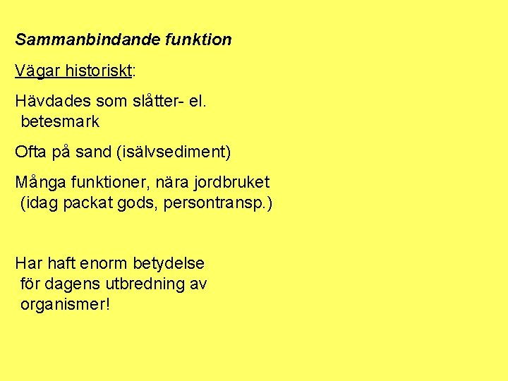 Sammanbindande funktion Vägar historiskt: Hävdades som slåtter- el. betesmark Ofta på sand (isälvsediment) Många