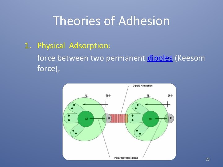 Theories of Adhesion 1. Physical Adsorption: force between two permanent dipoles (Keesom force), 23