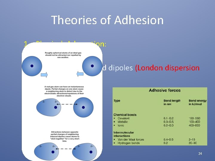 Theories of Adhesion 1. Physical Adsorption: force between two instantaneously induced dipoles (London dispersion