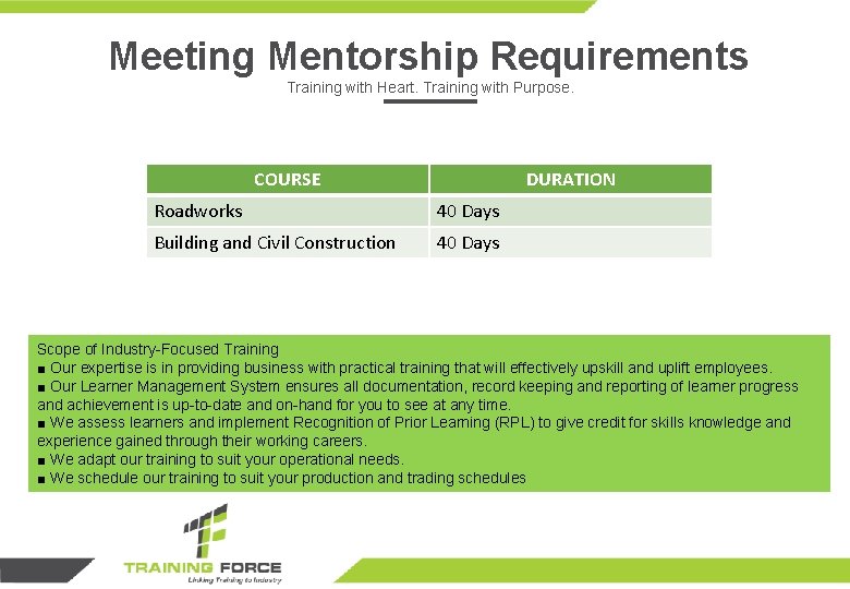 Meeting Mentorship Requirements Training with Heart. Training with Purpose. COURSE DURATION Roadworks 40 Days