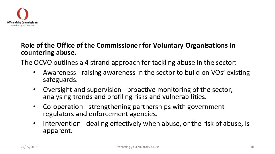 Role of the Office of the Commissioner for Voluntary Organisations in countering abuse. The