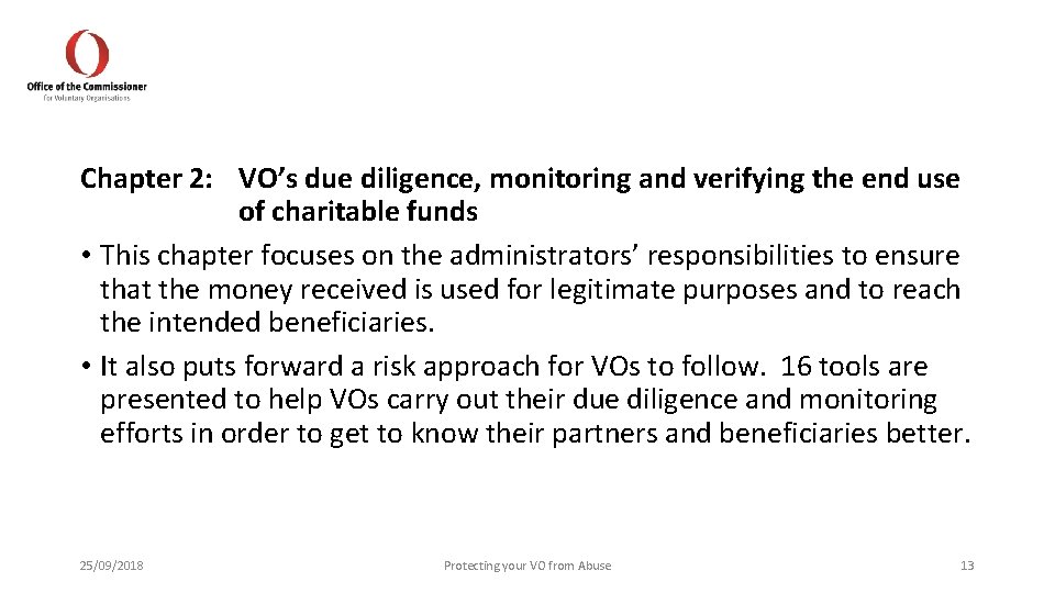 Chapter 2: VO’s due diligence, monitoring and verifying the end use of charitable funds