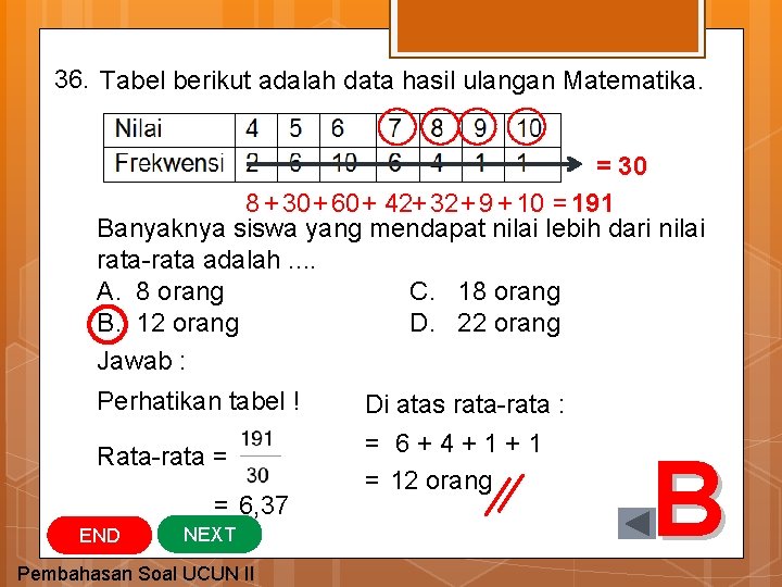 36. Tabel berikut adalah data hasil ulangan Matematika. = 30 8 + 30 +