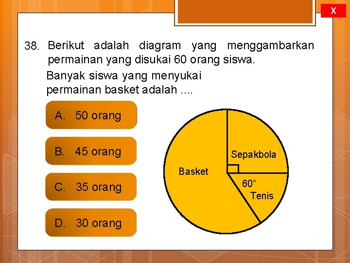 X 38. Berikut adalah diagram yang menggambarkan permainan yang disukai 60 orang siswa. Banyak