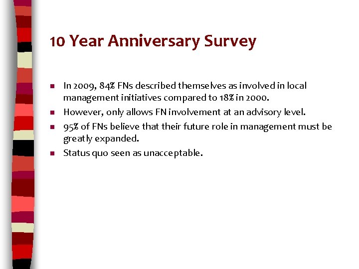 10 Year Anniversary Survey n n In 2009, 84% FNs described themselves as involved