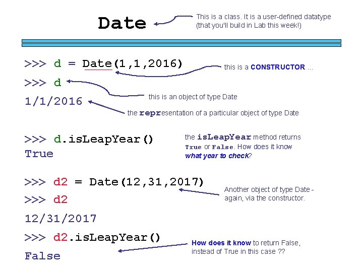 Date This is a class. It is a user-defined datatype (that you'll build in