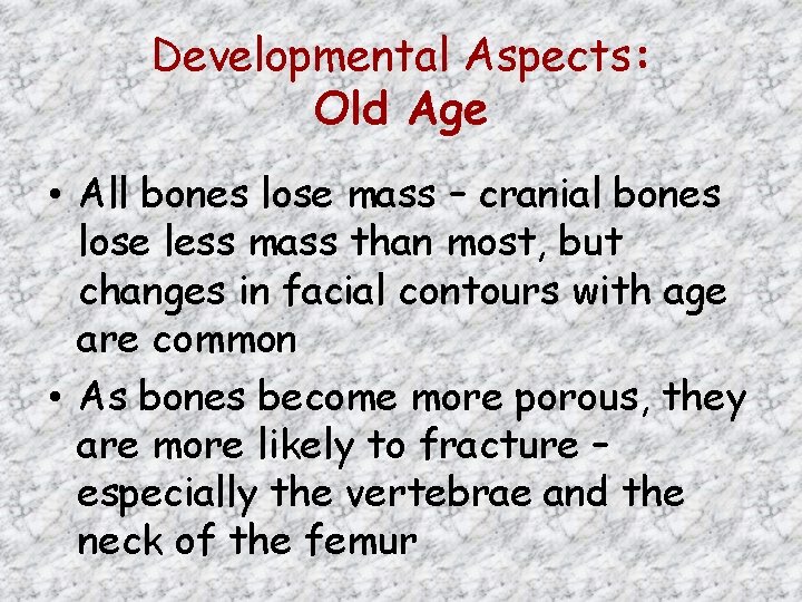 Developmental Aspects: Old Age • All bones lose mass – cranial bones lose less
