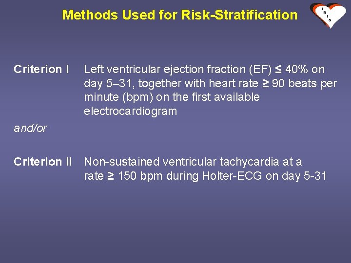 Methods Used for Risk-Stratification Criterion I Left ventricular ejection fraction (EF) ≤ 40% on