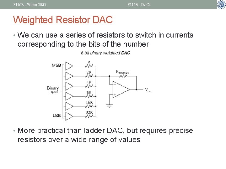 P 116 B - Winter 2020 P 116 B - DACs Weighted Resistor DAC