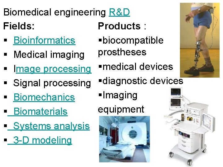 Biomedical engineering R&D Fields: Products : § Bioinformatics §biocompatible § Medical imaging prostheses §