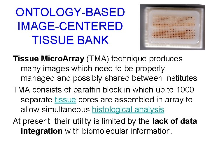 ONTOLOGY-BASED IMAGE-CENTERED TISSUE BANK Tissue Micro. Array (TMA) technique produces many images which need