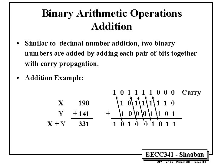 Binary Arithmetic Operations Addition • Similar to decimal number addition, two binary numbers are
