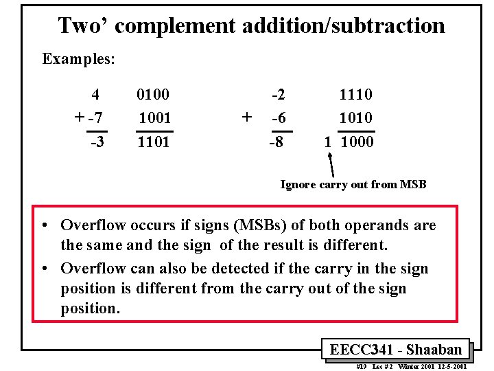 Two’ complement addition/subtraction Examples: 4 + -7 -3 0100 1001 1101 + -2 -6 Two’ complement addition/subtraction Examples: 4 + -7 -3 0100 1001 1101 + -2 -6