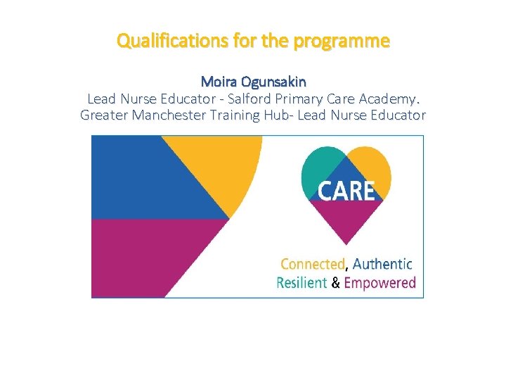 Qualifications for the programme Moira Ogunsakin Lead Nurse Educator - Salford Primary Care Academy.