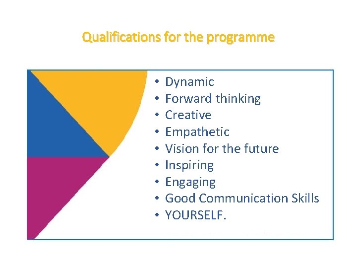 Qualifications for the programme • • • Dynamic Forward thinking Creative Empathetic Vision for