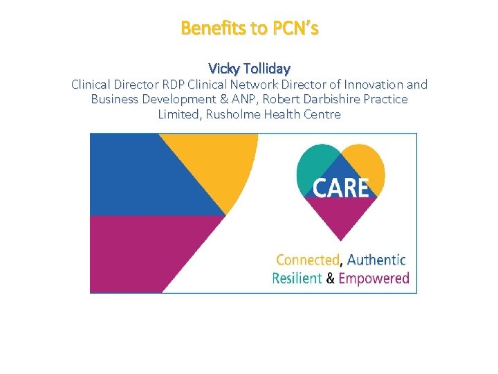 Benefits to PCN’s Vicky Tolliday Clinical Director RDP Clinical Network Director of Innovation and