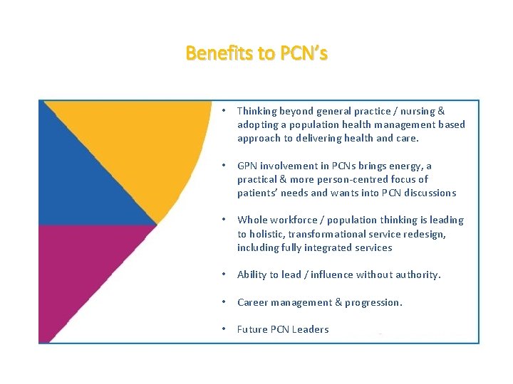 Benefits to PCN’s • Thinking beyond general practice / nursing & adopting a population
