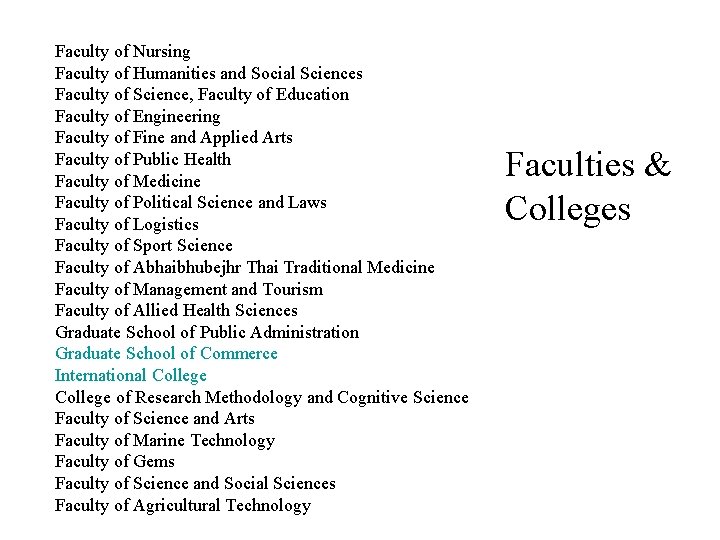 Faculty of Nursing Faculty of Humanities and Social Sciences Faculty of Science, Faculty of