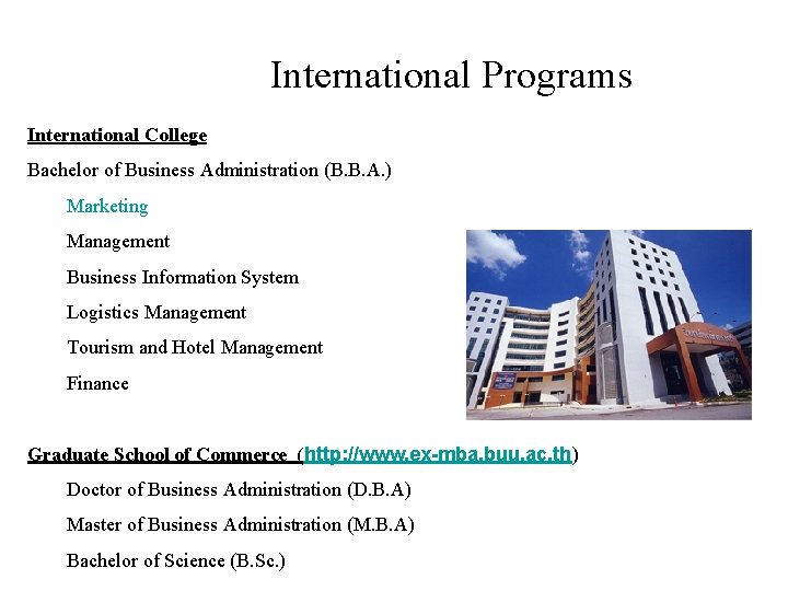 International Programs International College Bachelor of Business Administration (B. B. A. ) Marketing Management
