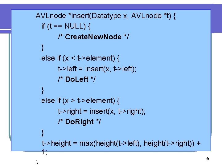 AVLnode *insert(Datatype x, AVLnode *t) { if (t == NULL) { /* Create. New.