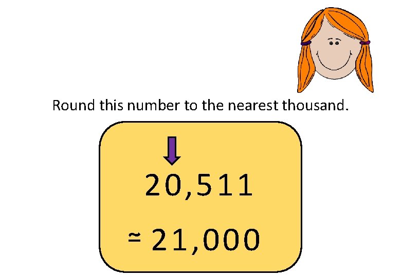 Round this number to the nearest thousand. 20, 511 ≃ 21, 000 