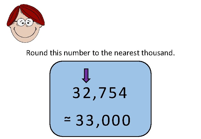 Round this number to the nearest thousand. 32, 754 ≃ 33, 000 