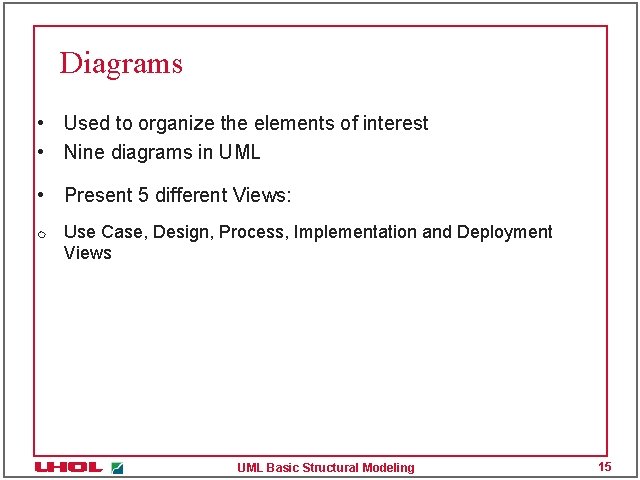 Diagrams • Used to organize the elements of interest • Nine diagrams in UML